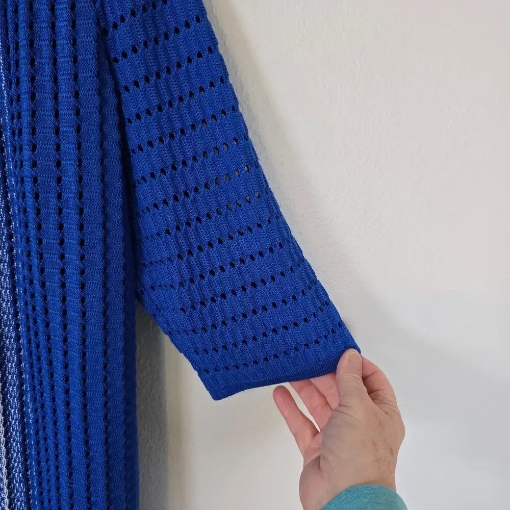 Ming Wang Cardigan Women's M Royal Blue White Open Knit Textural Classic Coastal - Picture 3 of 9